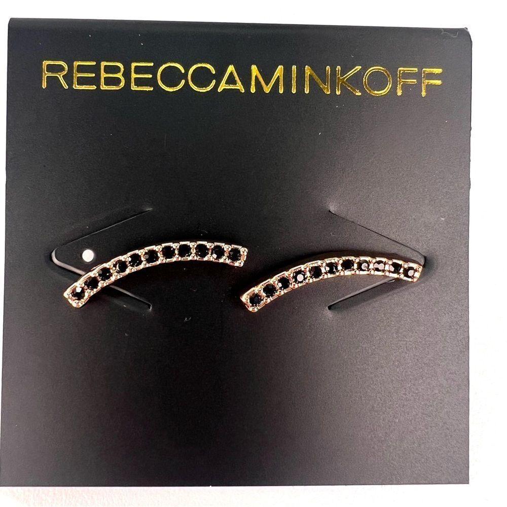 Rebecca Minkoff rose gold tone and Black Crystal curved bar stud earrings NWT
